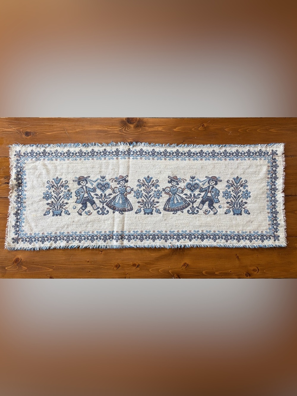 VTG Austrian Woven Folk Art Table Runner with Blue and Cream Motif 36”